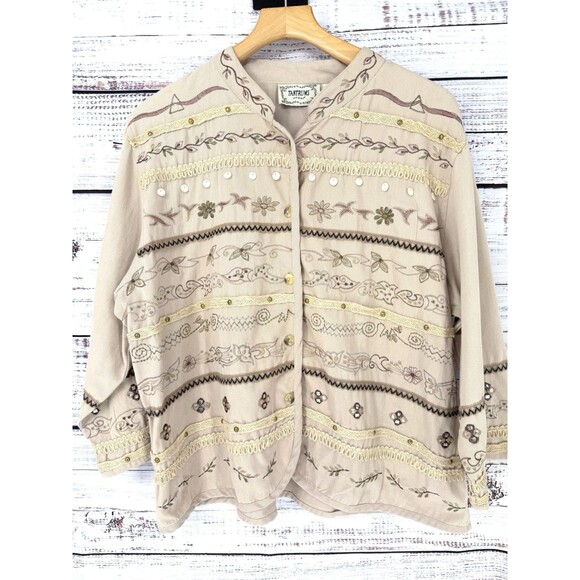 Vintage 90s Tantrums Khaki Jacket Embroidered ‎ Floral Button Size 2X Artsy - Picture 1 of 3